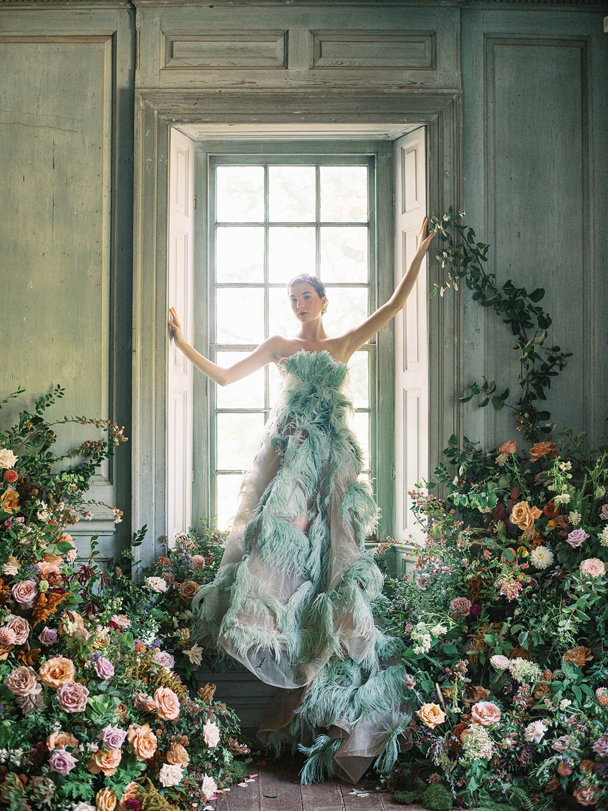 Garden FAshion Shoot with Green Feather Gown
