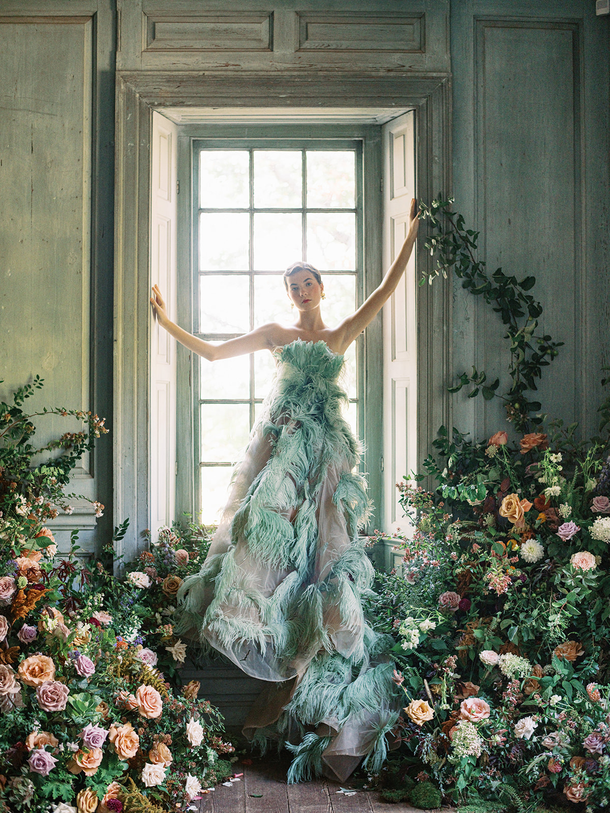 Indoor Garden Installation Photo Set with model and green feather dress. 