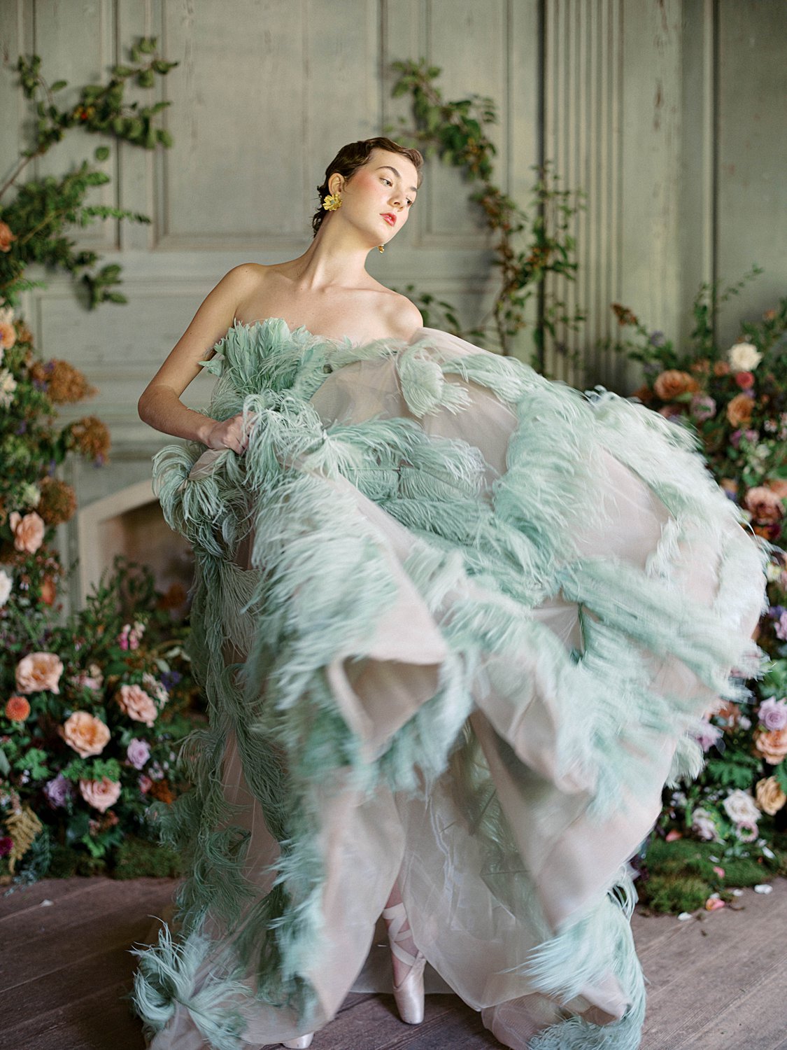 Fine Art Ballet Photo Shoot with Green Feather Gown