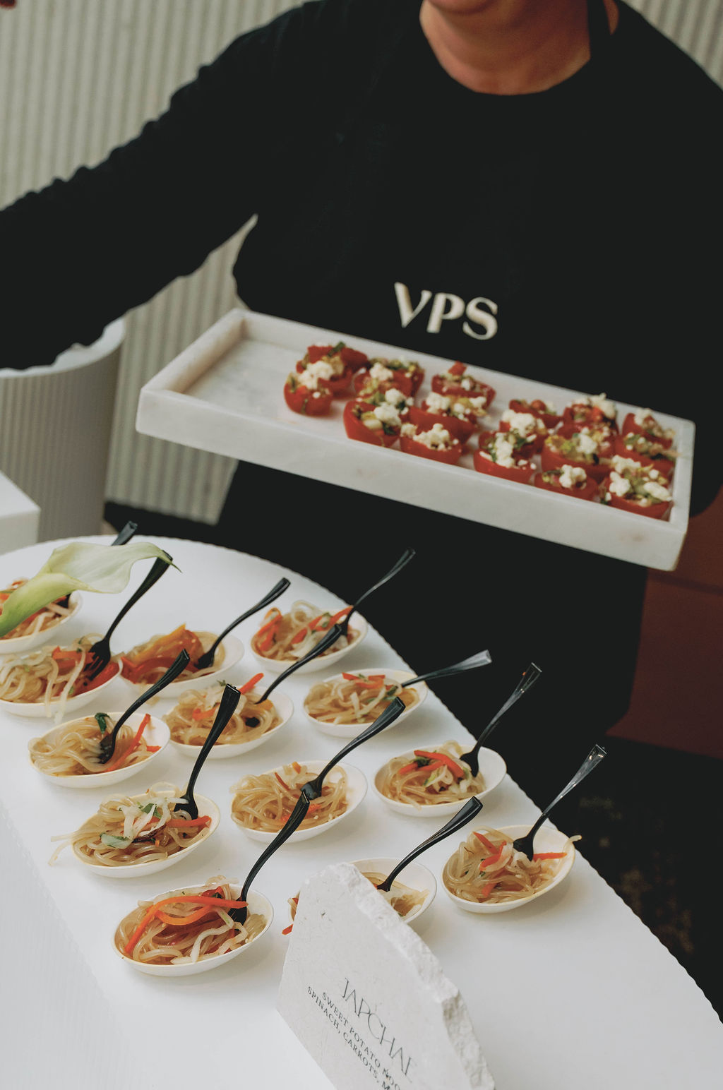 Passed hors d’oeuvres and chef-curated small bites served at a Virginia Beach corporate grand opening event designed and produced by Lustre Theory.