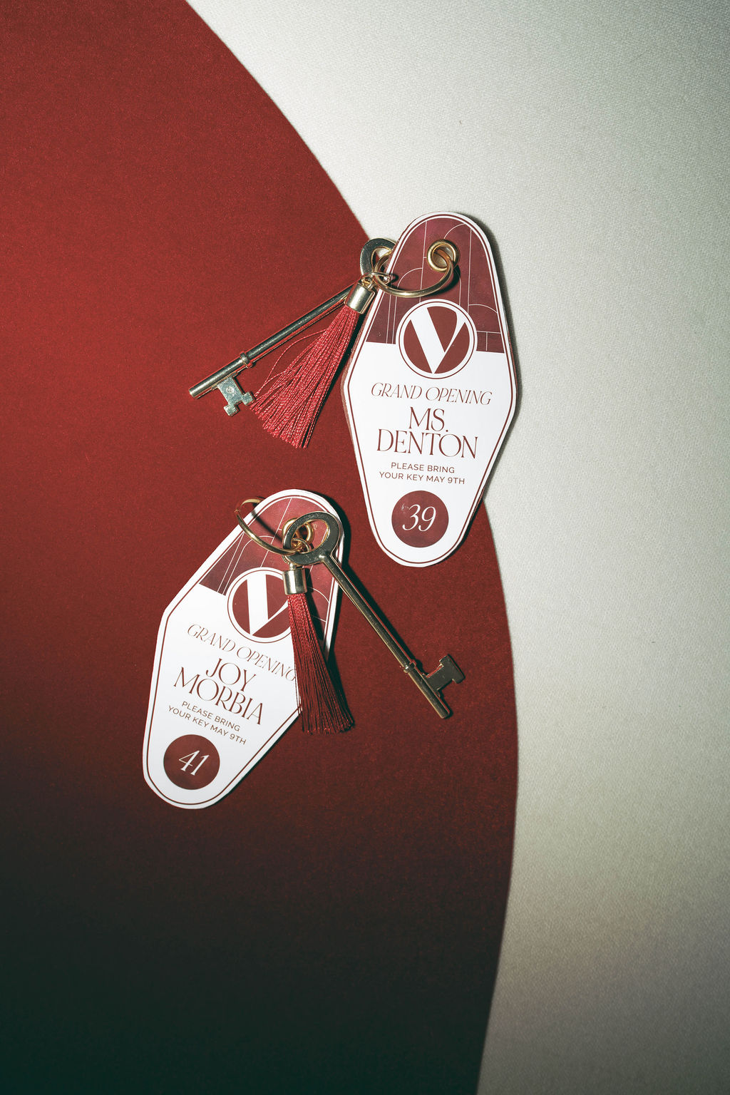 Virginia Beach event designer created custom vintage key escort tags for the Virginia Plastic Surgery grand opening guest experience